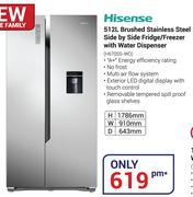 Hisense 512Ltr brushed Stainless Steel Side By Side Fridge/Freezer With Water Dispenser H670SS-WD