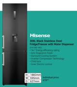 Hisense 308Ltr Black Stainless Steel Fridge/Freezer With Water Dispenser H410BS-WD