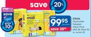 Clicks Disposable Nappies Value Pack Midi 58, Maxi 50 Or Junior 42-Per Pack