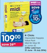 Clicks Disposable Nappies Value Pack Midi 58, Maxi 50 Or Junior 42-Per Pack