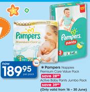 Pampers Nappies Premium Care Value Pack & Active Baby Pants Jumbo Pack-Per Pack