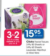 Clicks Facial Tissues 2-Ply 80 Sheets Or 3-Ply 60 Sheets Lavender, Menthol Or Aloe Vera-Per Pack