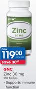 GNC Zinc 30mg 100 Tablets-Per Pack