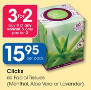 Clicks 60 Facial Tissues(Menthol, Aloe Vera Or Lavender-Per Pack
