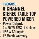 Dixon 8 Channel Stereo Table Top Powered Mixer PM802USB