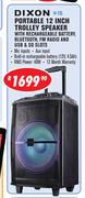 Dixon Portable 12" Trolley Speaker With Rechargeable Battery, Bluetooth, FM Radio & USB & SD Slots
