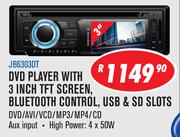 Jebson DVD Player With 3 Inch TFT Screen, Bluetooth Control, USB & SD Slots JB6303DT