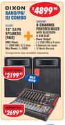 Dixon 15" DJ/PA Speakers (Pair)+8 Channel Powered Mixer With Bluetooth & USB Slot Combo