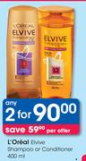 L'Oreal Elvive Shampoo Or Conditioner-2 x 400ml