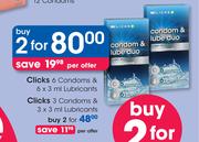 Clicks 3 Condoms & 3x3ml Lubricants-For 2