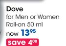 Dove For Men Or Women Roll-On-50ml Each