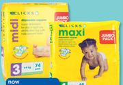 Clicks Disposable Nappies Jumbo Pack Mini 78, Midi 74, Maxi 68 Or Junior 58-Per Pack