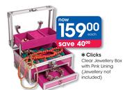 Clicks Clear Jewellery Box With Pink Lining (Jewellery Not Included)