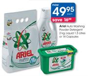 Ariel Auto Washing Powder Detergent-2kg, Liquid-1.5Ltr or 14 Capsules Each