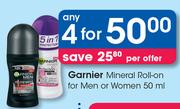 Garnier Mineral Roll On For Men Or Women-4x50ml