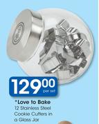 Love To Bake 12 Stainless Steel Cookie Cutters In A Glass Jar-Per Set