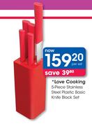 Love Cooking 5-Piece Stainless Steel Plastic Basic Knife Block Set