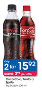 Coca-Cola, Fanta Or Sprite Big Buddy - 2 x 500ml