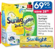 Sunlight Washing Powder-2KG, Dishwashing Liquid-750ML & Domestic Soap-500G-Per Offer