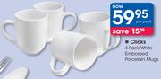 Clicks 4 Pack White Embossed Porcelain Mugs-Per Pack
