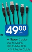 Sway Cables USB To Micro, USB To Mini USB Or 3.5 Audio Cable-Each