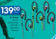 Sway Sports Earphones With Mic Assorted Colours-Each