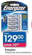 Energizer 4 Pack AA Lithium Batteries-Per Pack