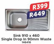 Sink 910 x 460 Single Drop In 90mm Waste 146416
