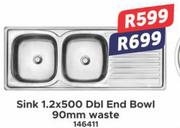 Sink 1.2 x 500 Dbl End Bowl 90mm Waste 146411