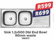 Sink 1.2 x 500 Dbl End Bowl 90mm Waste 146411