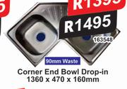 Fontein Corner End Bowl Drop In 1360 x 470 x 160mm (90mm Waste)