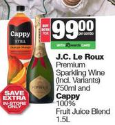 J.C. Le Roux Premium Sparkling Wine 750ml & Cappy 100% Fruit Juice Blend 1.5Ltr-Per Combo