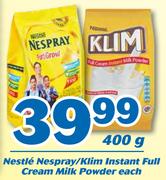 Nestle Nespray/Klim Instant Full Cream Milk Powder 400g-Each