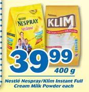Nestle Nespray/Klim Instant Full Cream Milk Powder 400g-Each