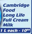 Cambridge Food Long Life Full Cream Milk-1Ltr Each