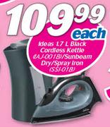 Ideas 1.7Ltr Black Cordless Kettle (IAJ-00 1 B) Or Sunbeam Dry/Spray Iron (SSI-01 B)-Each