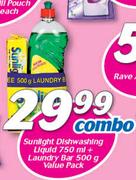 Sunlight Dishwashing Liquid-750ml + Laundry Bar-500g Combo