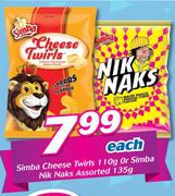 Simba Cheese Twirls-110g Or Simba Nik Naks-135g Each