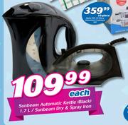 Sunbeam 1.7Ltr Automatic Kettle Black/Sunbeam Dry & Spray Iron-Each