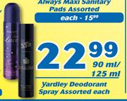 Yardley Deodorant Spray-90ml/125ml Each