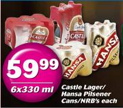 Castle Lager/Hansa Pilsener Cans/NRB's 6X330ml-Each