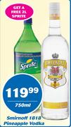 Smirnoff 1818 Pineapple Vodka 750ml With Free 2Ltr Sprite