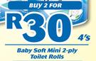 Baby Soft Mini 2 Ply Toilet Rolls-2 x 4's
