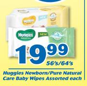 Huggies Newborn/Pure Natural Care Baby Wipes Assorted-56's/64's Each