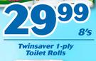 Twinsaver 1-ply Toilet Rolls-8's