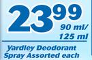 Yardley Deodorant Spray Assorted-90ml/125ml Each 