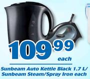 Sunbeam 1.7Ltr Auto Kettle Black / Sunbeam Steam Spray Iron-Each