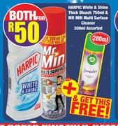 Harpic White & Shine Thick Bleach 750ml & Mr Min Multi Surface Cleaner 300ml Assorted-For Both
