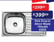 Sink Drop-In 40mm Waste 750 x 400