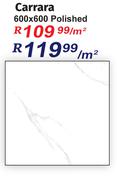 Carrara Polished Tiles 600 x 600-Per Sqm